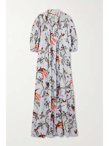 ERDEM Robe longue en popeline de coton imprimée à plis nervures Mustique