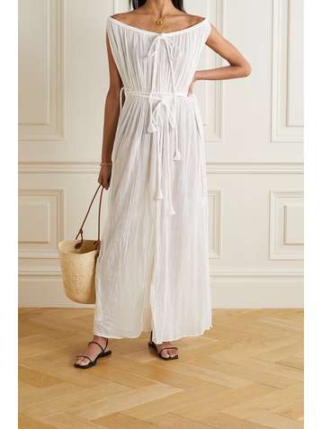MIGUELINA Juno off-the-shoulder tasseled cotton-crepon maxi dress