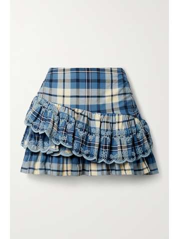 LOVESHACKFANCY Como ruffled embroidered checked cotton-twill mini skirt