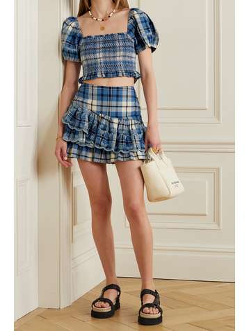 LOVESHACKFANCY Como ruffled embroidered checked cotton-twill mini skirt