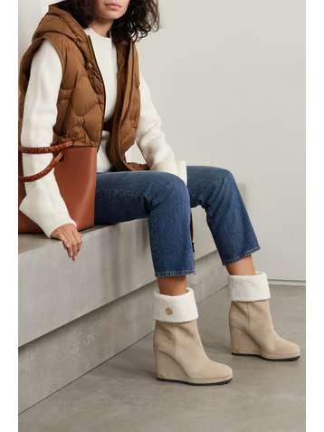 MONCLER W Short shearling-lined suede wedge ankle boots