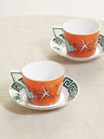 GINORI + Luke Edward Hall Il Viaggio di Nettuno set of two gold-plated porcelain tea cups and saucers