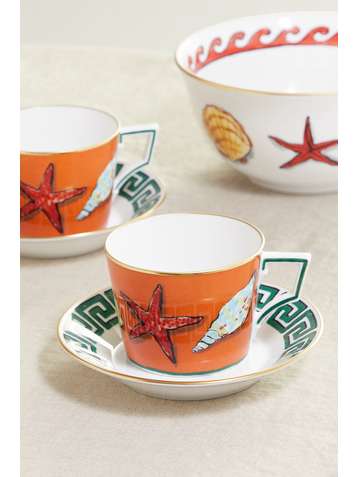 GINORI + Luke Edward Hall Il Viaggio di Nettuno set of two gold-plated porcelain tea cups and saucers