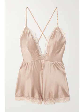 SLEEPING WITH JACQUES Alexa Playsuit aus Stretch-Seidensatin mit Spitzenbesätzen
