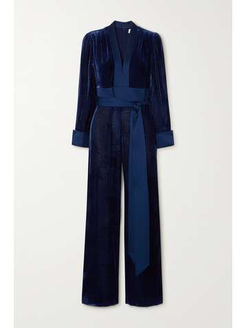 DIANE VON FURSTENBERG Combi-pantalon en velours dévoré à finitions en satin et à ceinture