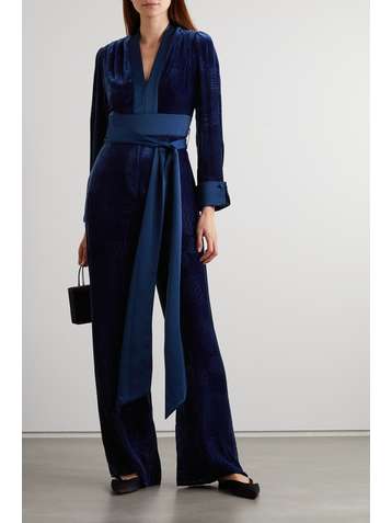 DIANE VON FURSTENBERG Combi-pantalon en velours dévoré à finitions en satin et à ceinture