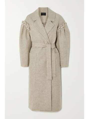 MOTHER OF PEARL Ruched faux pearl-embellished wool coat