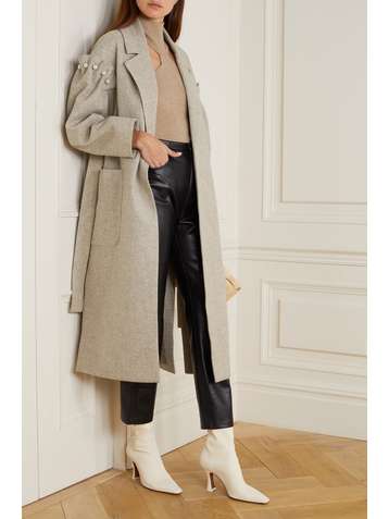 MOTHER OF PEARL Ruched faux pearl-embellished wool coat