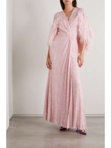 JENNY PACKHAM Robe du soir en mousseline à ornements et à plumes Martha