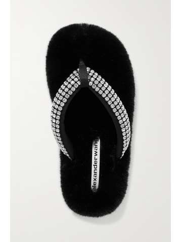 ALEXANDER WANG Motel faux fur and crystal-embellished satin flip flops