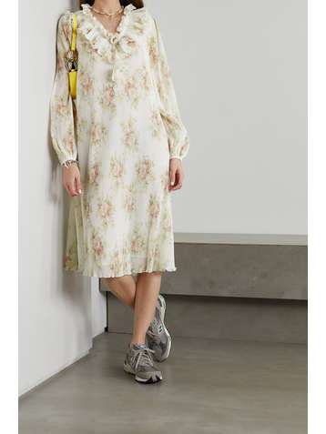 GANNI + NET SUSTAIN ruffled floral-print recycled plissé-georgette midi dress
