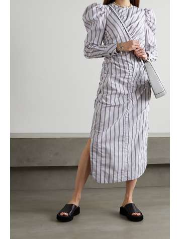 GANNI + NET SUSTAIN ruched striped organic cotton-poplin midi dress