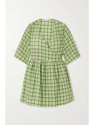 GANNI + NET SUSTAIN checked organic cotton-blend seersucker wrap dress
