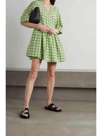 GANNI + NET SUSTAIN checked organic cotton-blend seersucker wrap dress