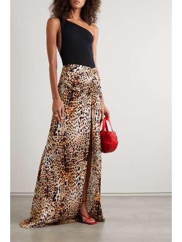 HALPERN Gathered leopard-print satin maxi skirt
