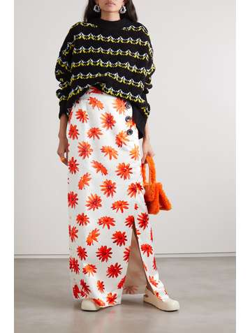 MERYLL ROGGE Crystal-embellished floral-print satin maxi skirt