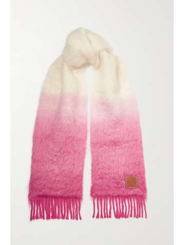 LOEWE Leather-trimmed fringed ombré mohair-blend scarf