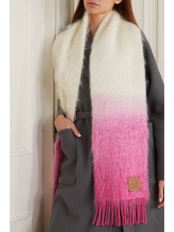 LOEWE Leather-trimmed fringed ombré mohair-blend scarf