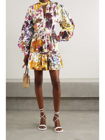OSCAR DE LA RENTA Belted floral-print cotton-blend poplin mini dress