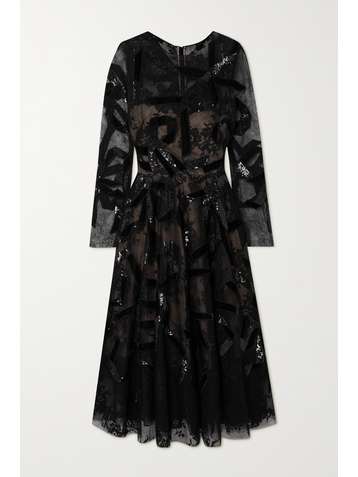 OSCAR DE LA RENTA Belted sequin-embellished lace gown