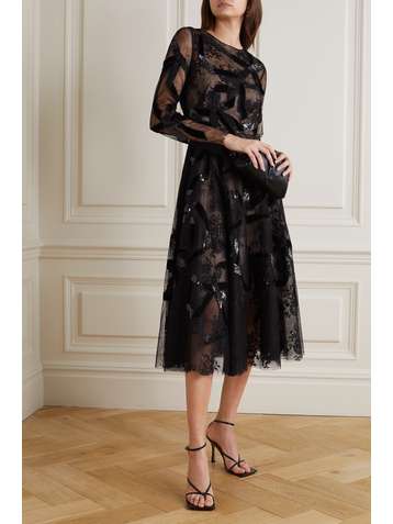 OSCAR DE LA RENTA Belted sequin-embellished lace gown