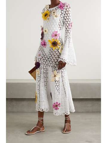 OSCAR DE LA RENTA Open-back appliquéd crocheted cotton midi dress