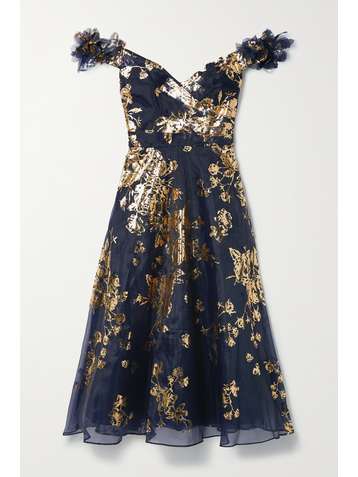 MARCHESA NOTTE Off-the-shoulder metallic floral-print organza midi dress