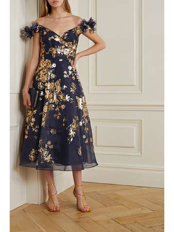 MARCHESA NOTTE Off-the-shoulder metallic floral-print organza midi dress