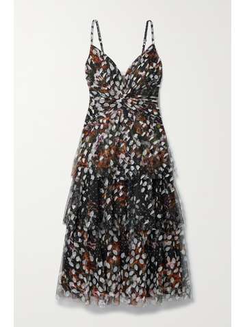 MARCHESA NOTTE Embellished printed tulle and crepe de chine midi dress
