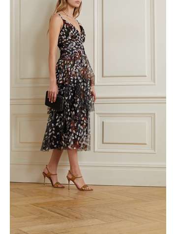 MARCHESA NOTTE Embellished printed tulle and crepe de chine midi dress