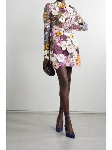 OSCAR DE LA RENTA Open-back appliquéd tulle mini dress