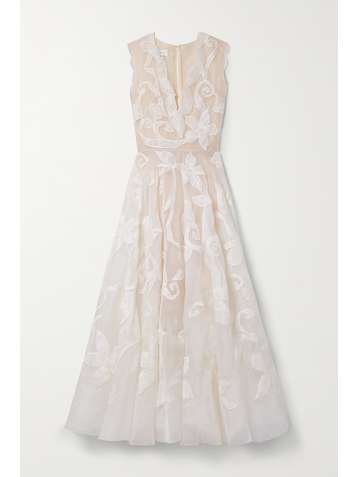 OSCAR DE LA RENTA Appliquéd embroidered silk-organza midi dress
