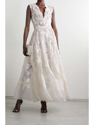 OSCAR DE LA RENTA Appliquéd embroidered silk-organza midi dress
