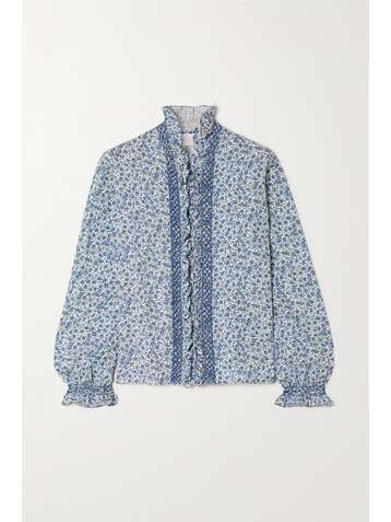 LORETTA CAPONI Dorothy smocked ruffled floral-print poplin blouse