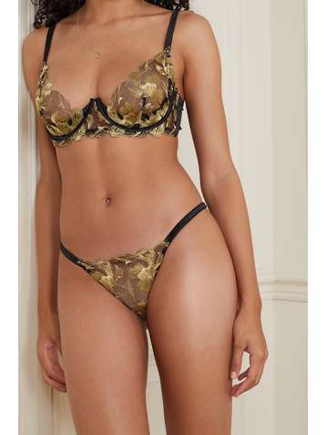 COCO DE MER Aria cutout metallic embroidered tulle and satin briefs