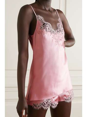 I.D. SARRIERI Hôtel Particulier Top aus Satin aus einer Seidenmischung mit Chantilly-Spitzenbesatz