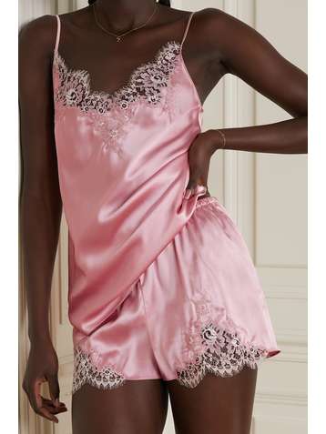 I.D. SARRIERI Hôtel Particulier Pyjama-Shorts aus Satin aus einer Seidenmischung mit Chantilly-Spitzenbesätzen