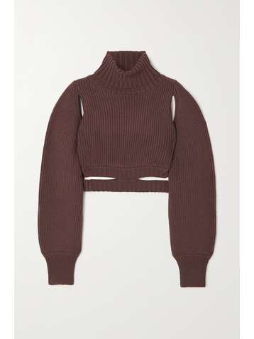 ANDREA ADAMO Cropped cutout ribbed-knit turtleneck sweater