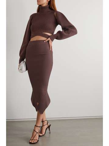ANDREA ADAMO Cropped cutout ribbed-knit turtleneck sweater