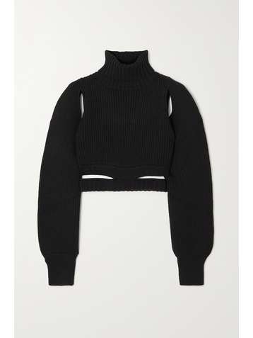 ANDREA ADAMO Cropped cutout ribbed-knit turtleneck sweater