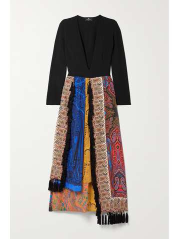ETRO Tasseled jersey, paneled paisley-print silk and cotton dress