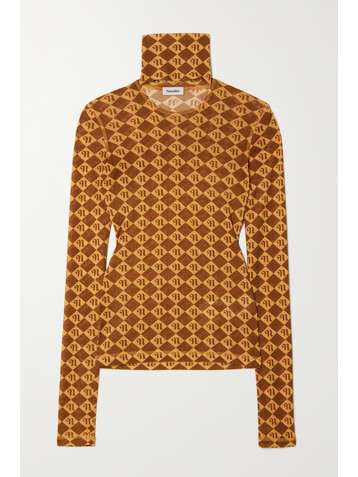 NANUSHKA Hanny Oberteil aus recyceltem Mesh-Jersey mit Stehkragen, Print und Cut-out
