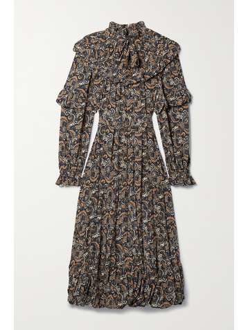 ULLA JOHNSON Annalisa belted ruffled floral-print silk midi dress