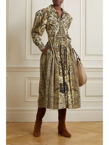 ULLA JOHNSON Lucinda belted pleated printed cotton-corduroy midi dress