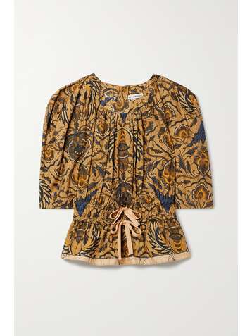 ULLA JOHNSON Denisa gathered printed cotton peplum blouse