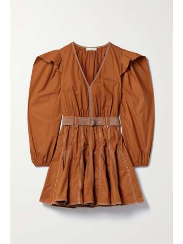 ULLA JOHNSON Corliss belted topstitched cotton-poplin mini dress