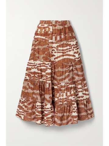 ULLA JOHNSON Aisa tiered printed silk midi skirt