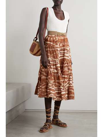ULLA JOHNSON Aisa tiered printed silk midi skirt