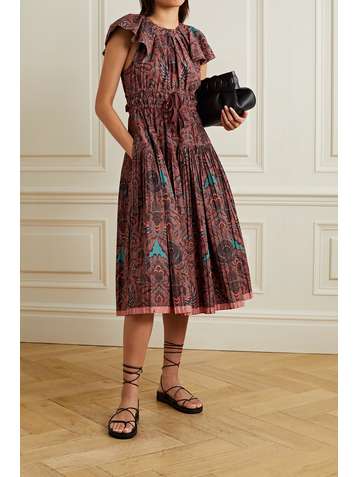 ULLA JOHNSON Delmara pleated printed cotton-poplin midi dress