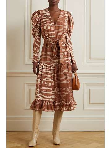 ULLA JOHNSON Leyla belted printed silk midi dress